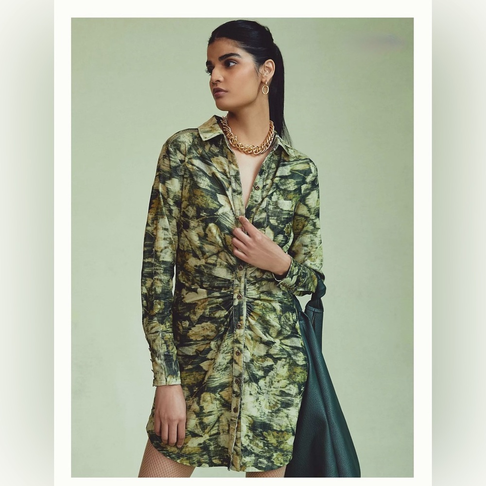 Pilcro Green Abstract Button-Front Shirt Dress NWT